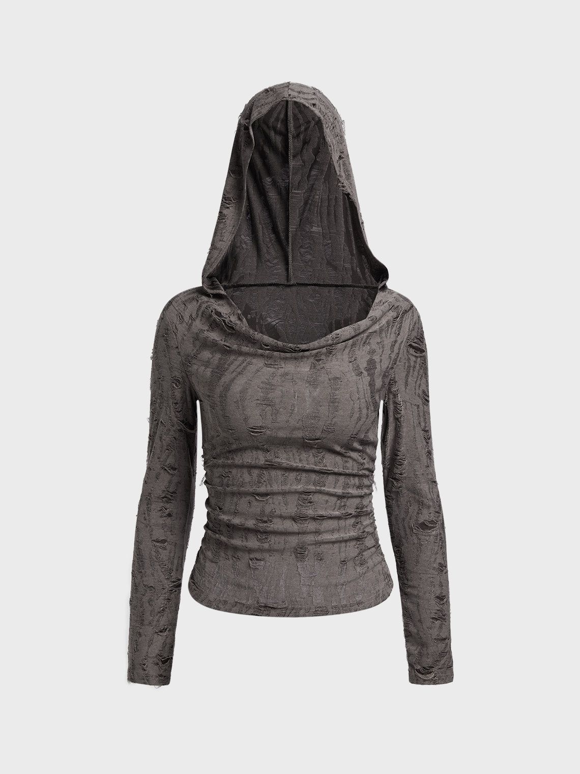 Texture Fabric Ripped Hooded Plain Long Sleeve Top