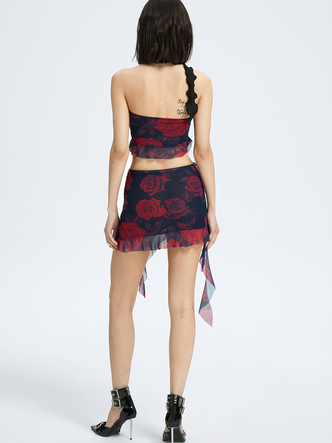 Y2k Red Mesh Rose print Ruffles Party Two-Piece Set