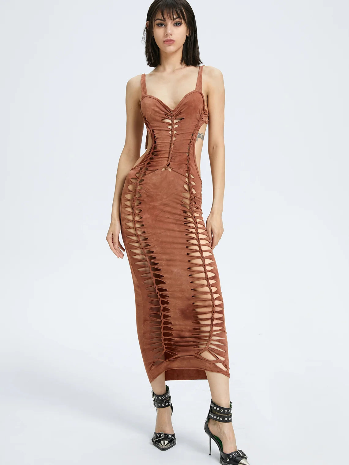 Street Brown Cut Out Dress Midi Dress