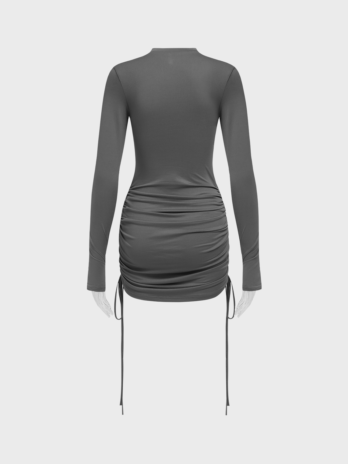 Drawstring Stand Collar Ruched Plain Long Sleeve Short Dress