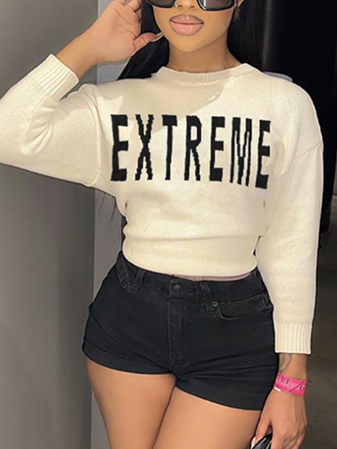 Crew Neck Text Letters Long Sleeve Sweater