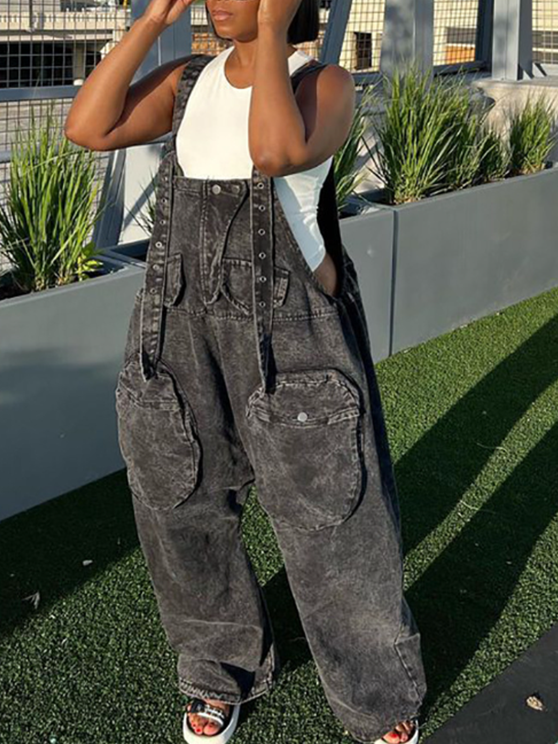 Denim Spaghetti Plain Bib Pants