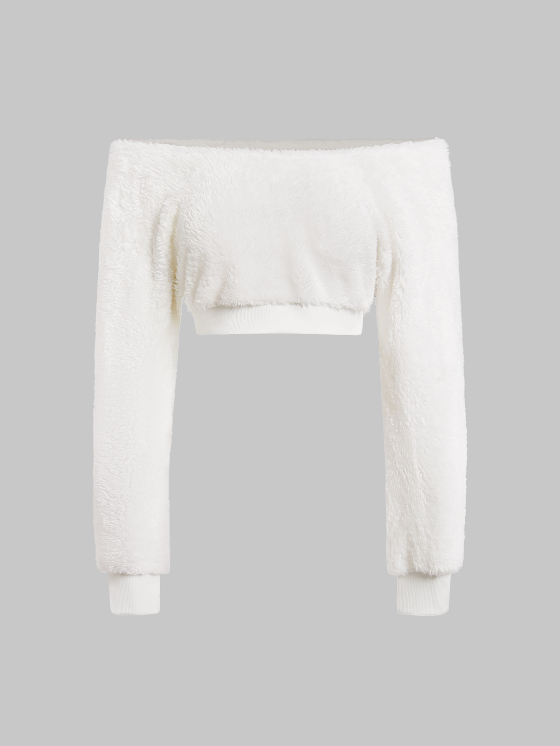 Fuzzy Boat Neck Plain Long Sleeve Crop Top