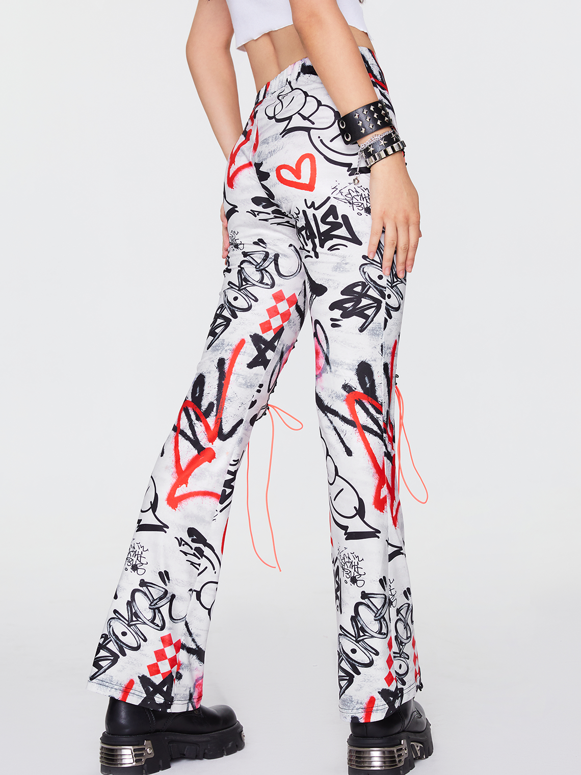 Punk White Lace-Up Design Graffiti Halloween Bottom Pants