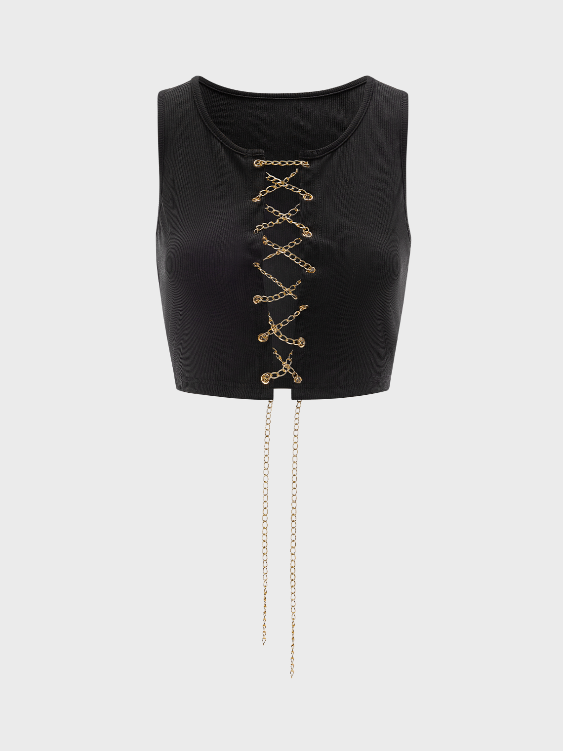 Street Black Metal Chain Lace Up Top Tank Top & Cami