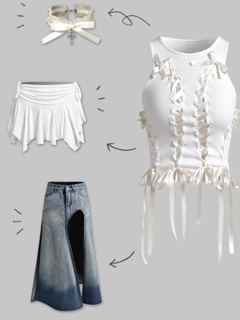 Y2k Balletcore White Side slit Lace up Top Tank Top & Cami