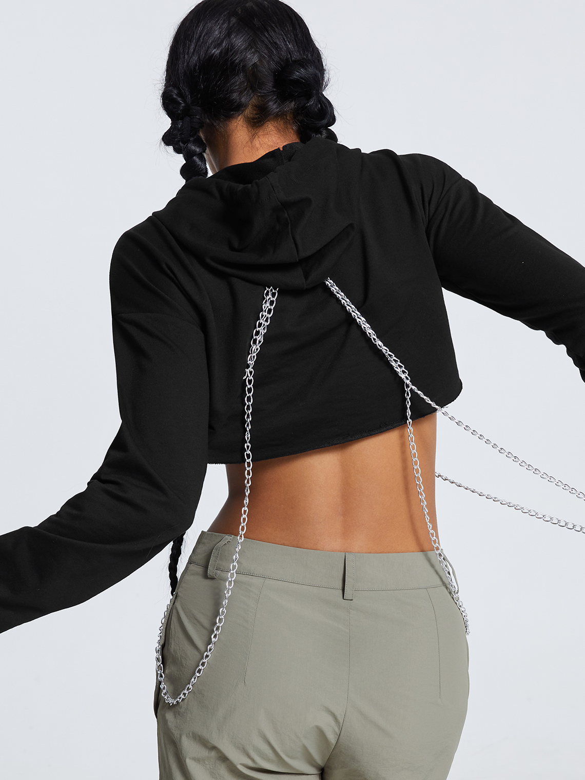 Street Black Hooded Metal Chain Top Hoodie & Sweatshirt