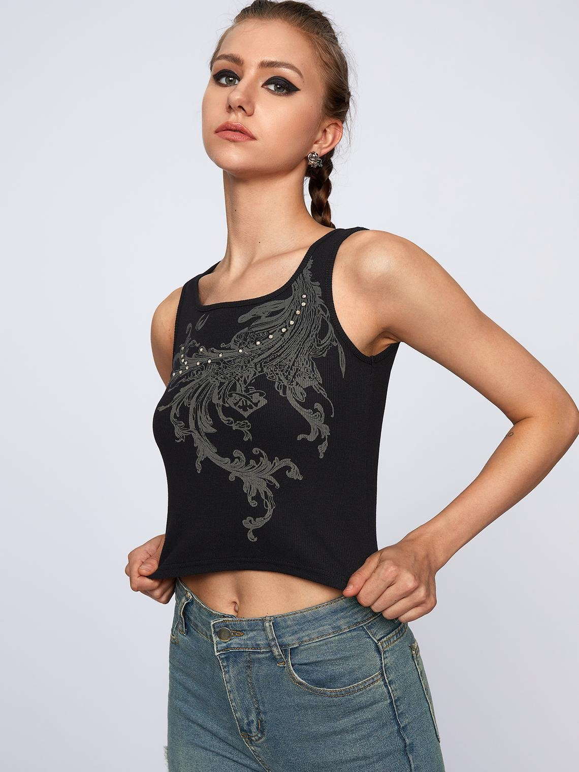 Punk Black Hotfix Rhinestone Crew Neck Top Tank Top & Cami