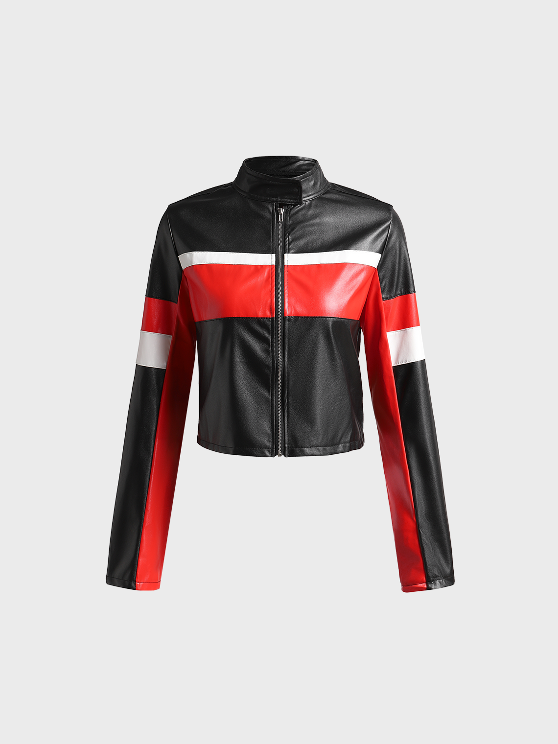 Zip Up Colorblock Motorcycle Stand Collar Long Sleeve Jacket