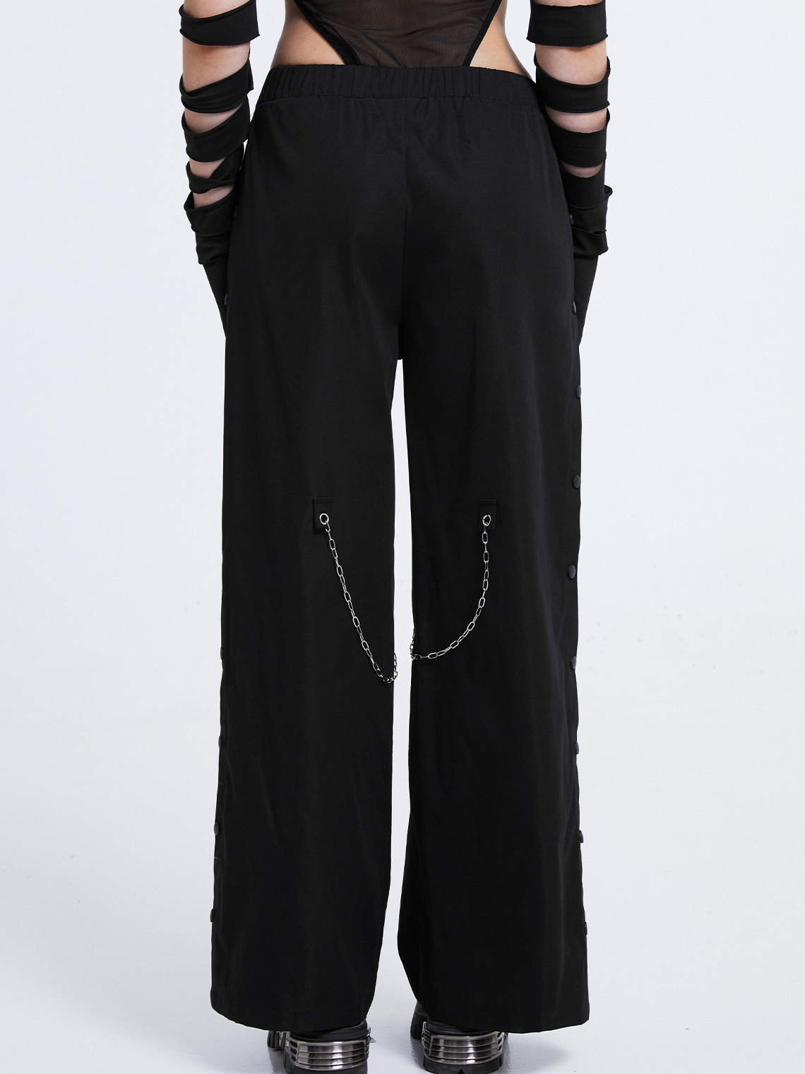 Street Black Side Slit Cut Out Metal Chain Bottom Pants