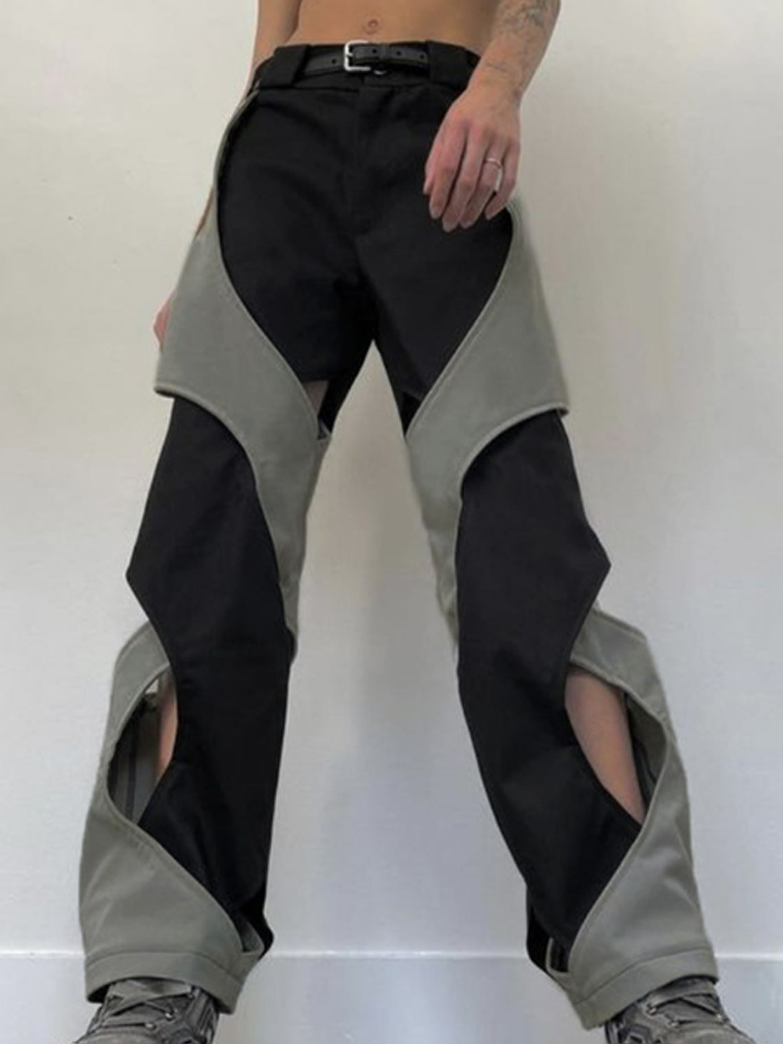 Street Gray Color block Cut out Bottom Pants