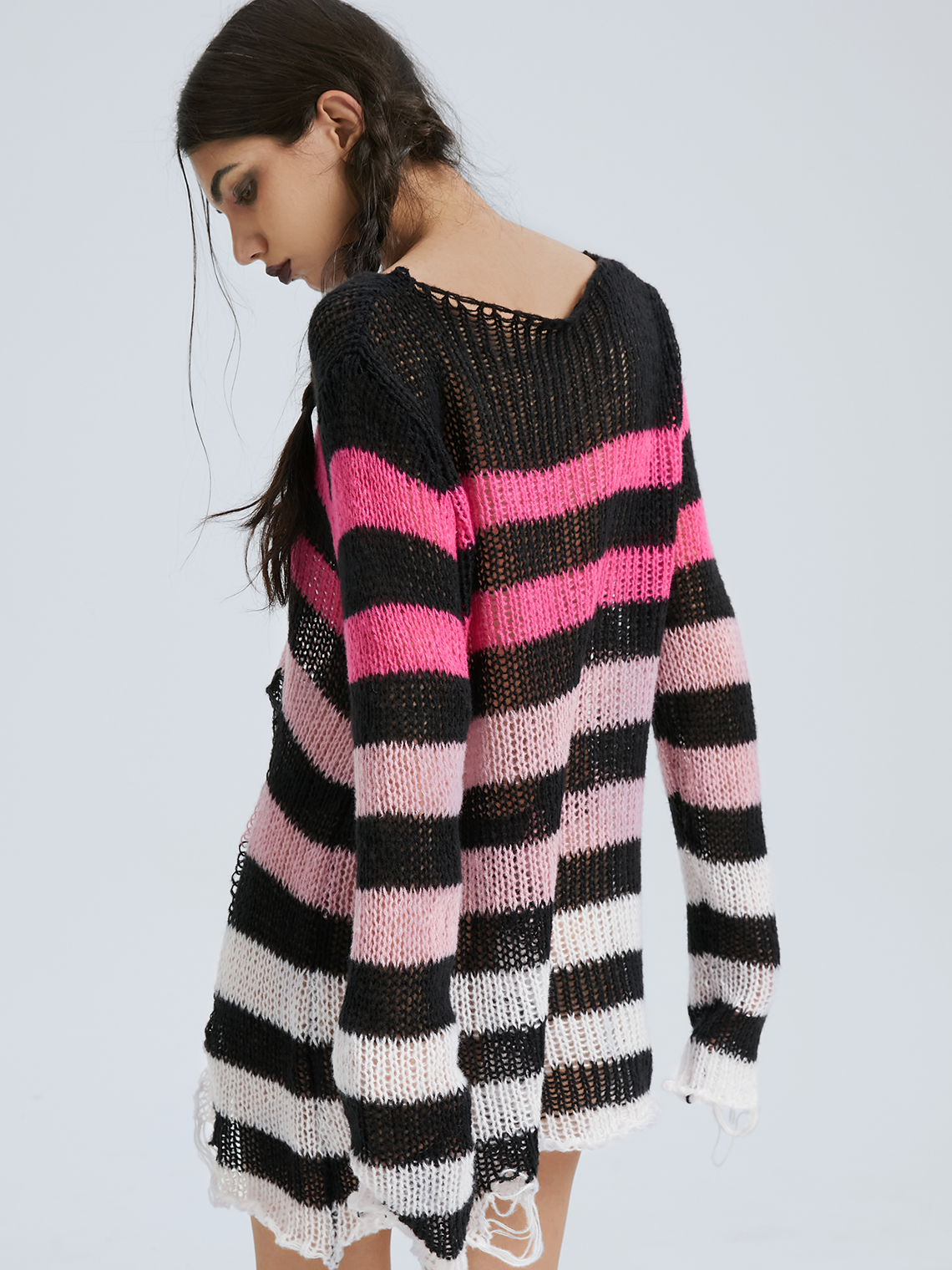 Hollow Out Crew Neck Striped Long Sleeve Short Sweater Dress