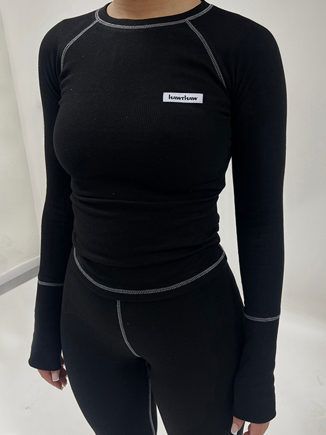 Activewear Long Sleeve Plain Top With Pants Two-Piece Set