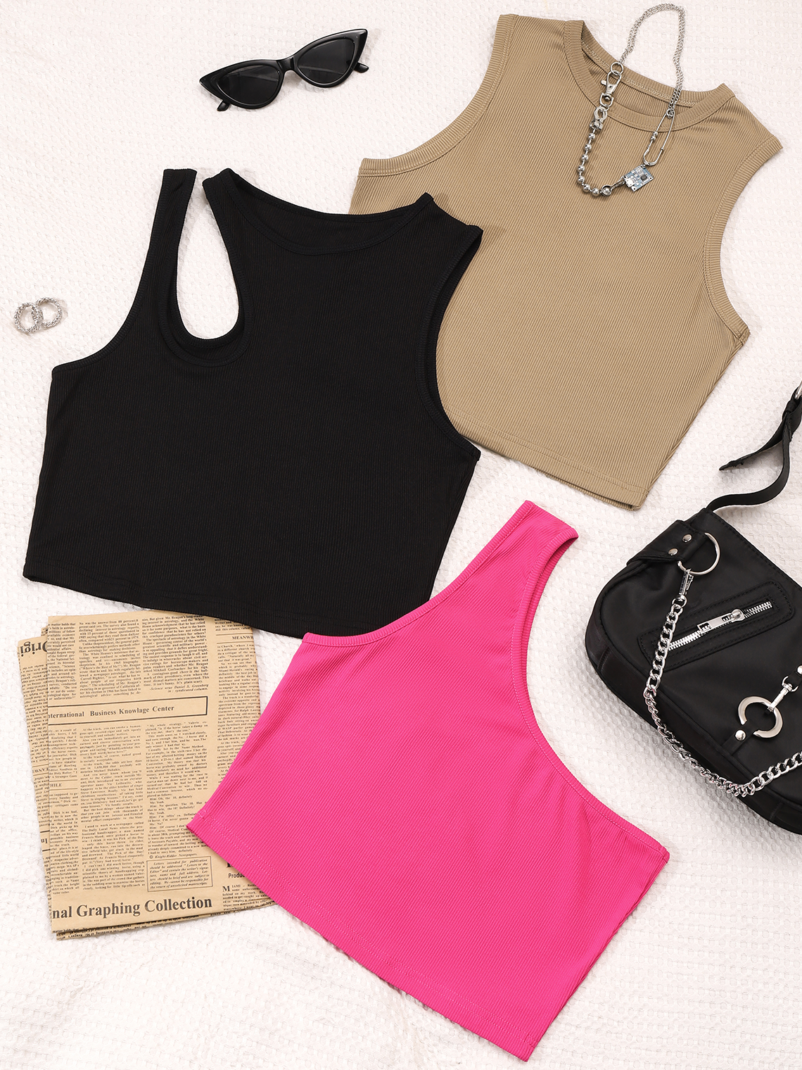 Three-Piece Set Street Basic Pac Asymmetrical Design Top Tank Top & Cami