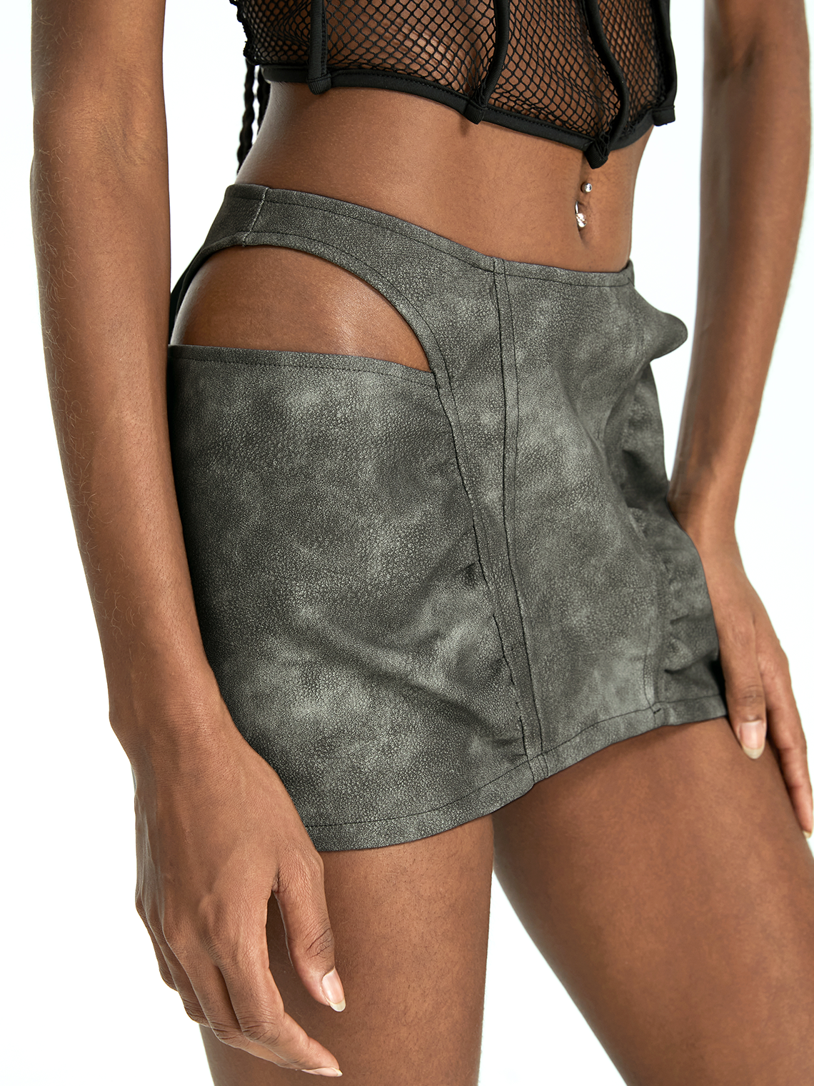 Edgy Gray PU Cut out Bottom Shorts