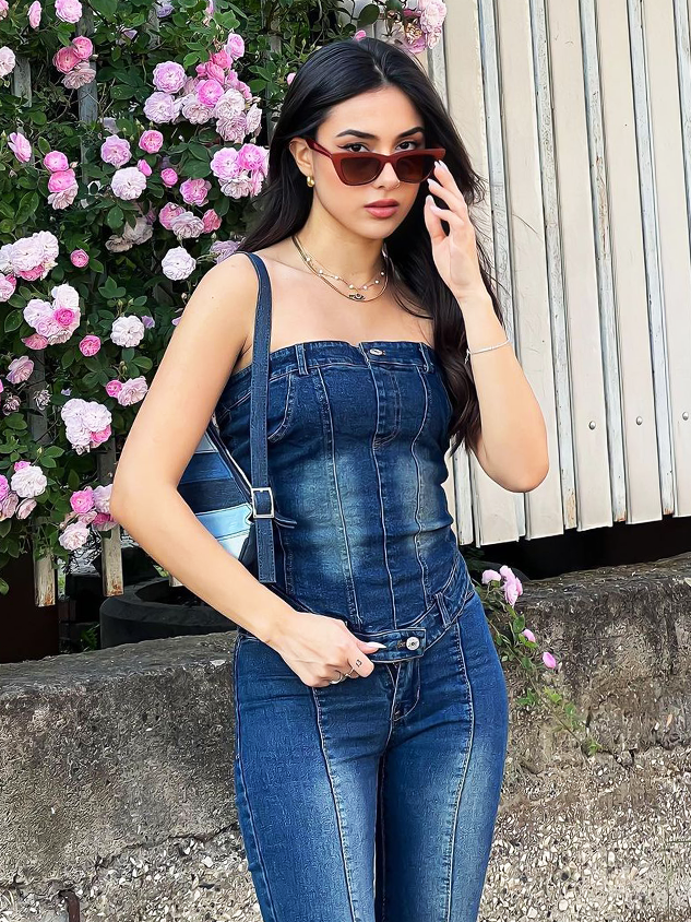 Street Blue Tube top Denim Zip up Top Women Top