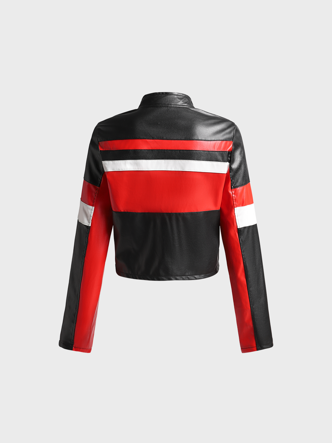 Zip Up Colorblock Motorcycle Stand Collar Long Sleeve Jacket