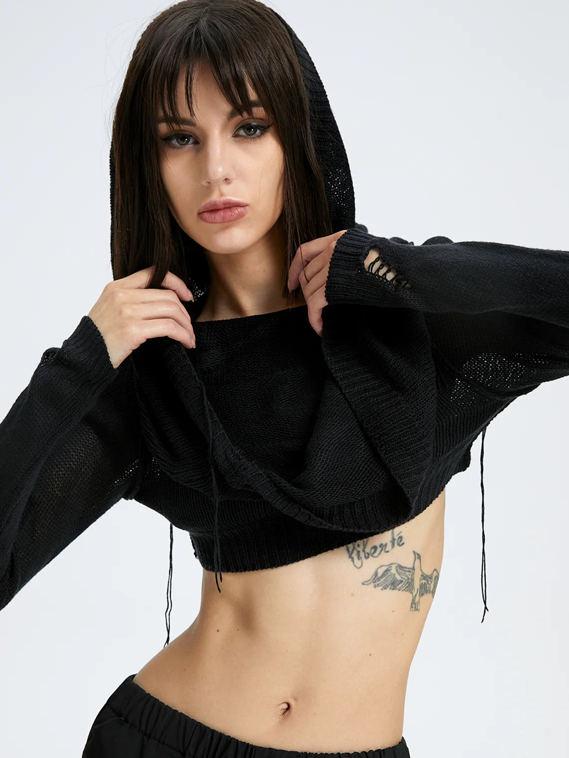 Edgy Black Hooded Cut Out Top Sweater