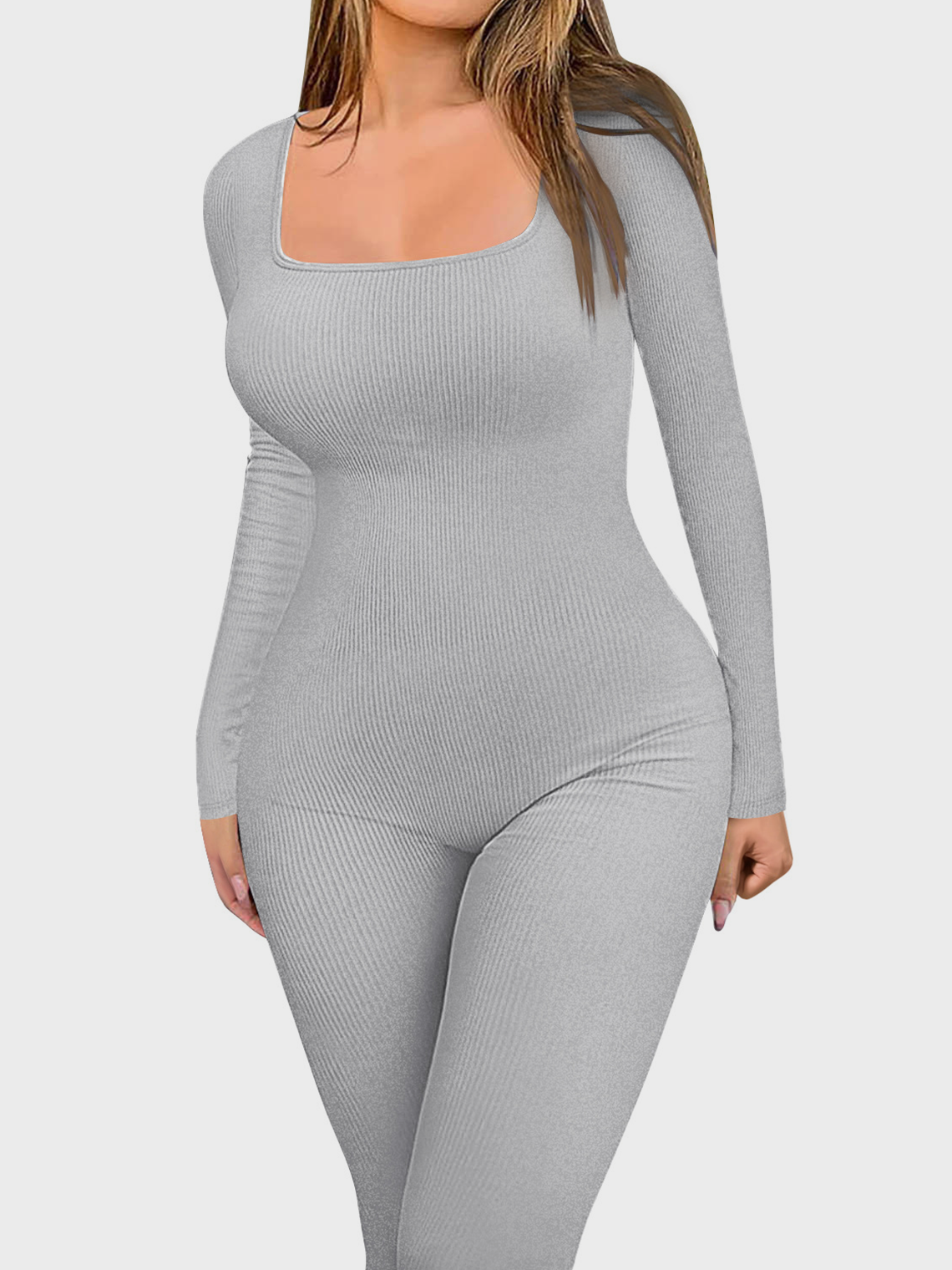 Square Neck Plain Long Sleeve Jumpsuit