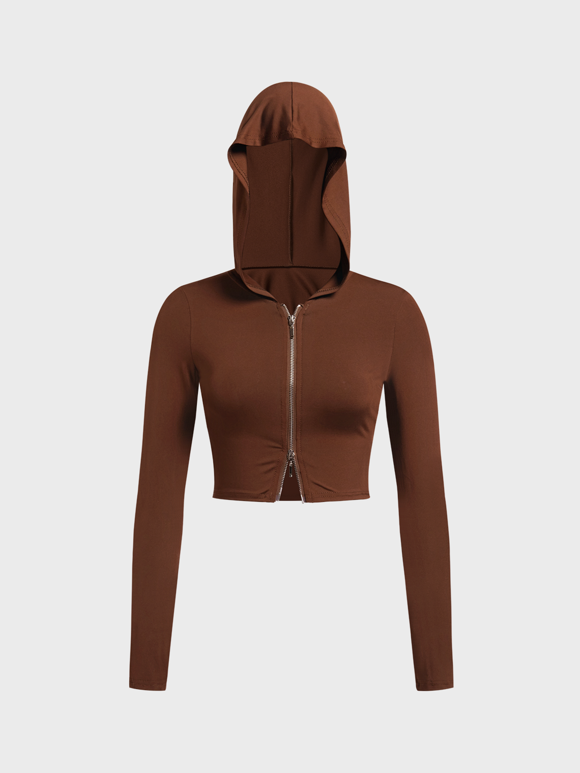 Zipper Plain Long Sleeve Crop Hoodie