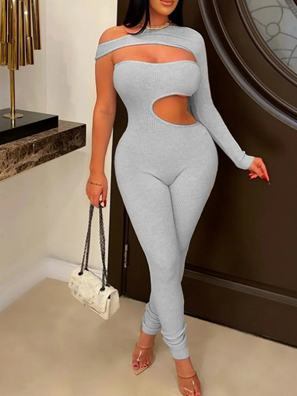 Cut Out One Shoulder Plain Long Sleeve Jumpsuit