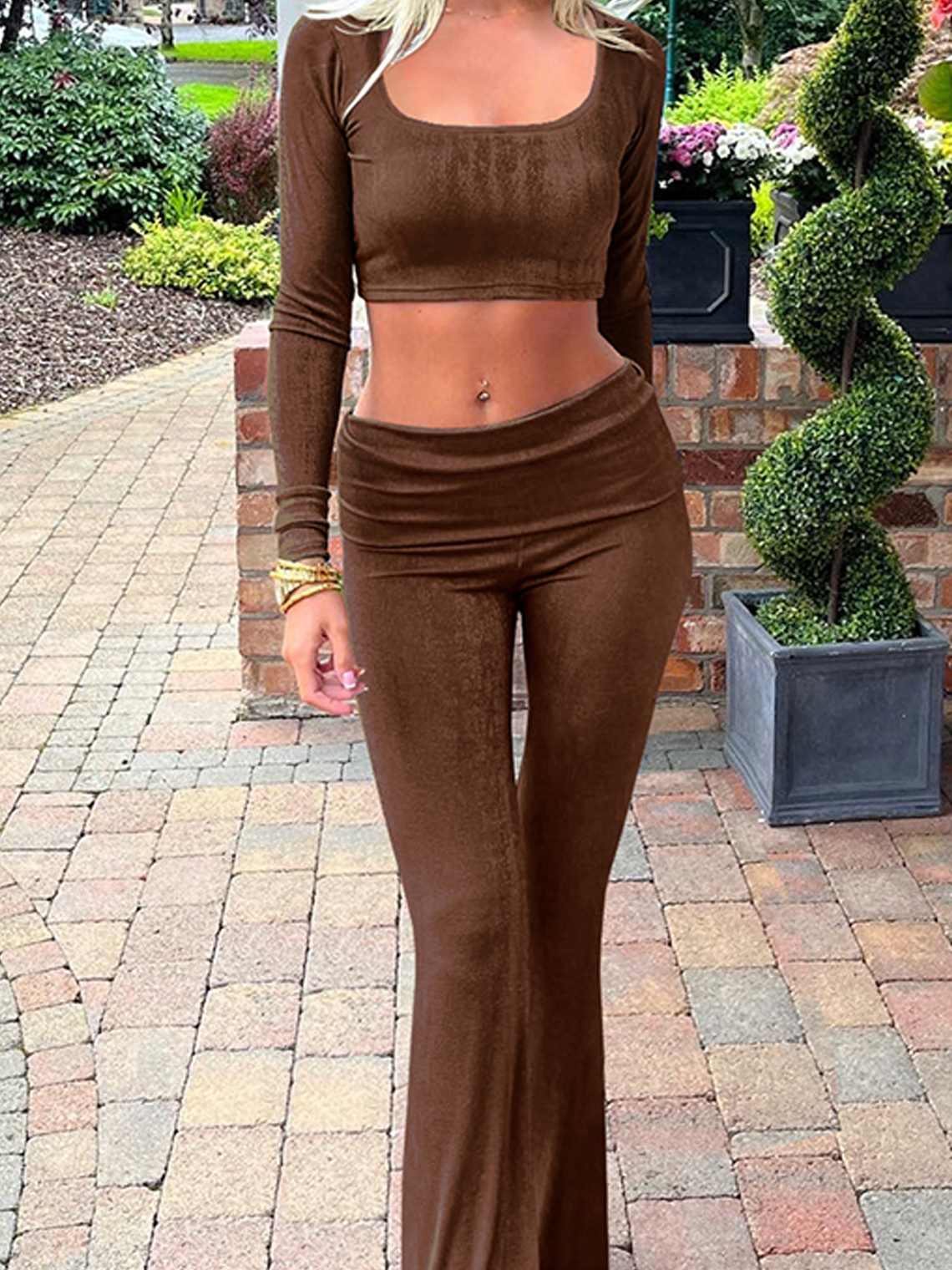 Velvet Plain Long Sleeve Top With Pants Two-Piece Set