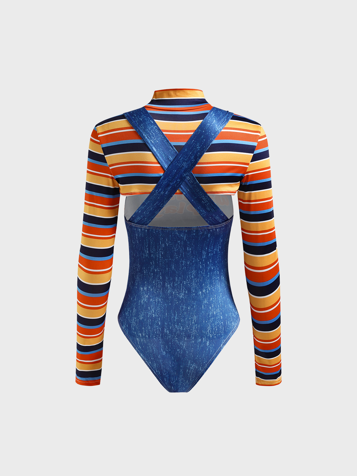 Stand Collar Striped Long Sleeve Patchwork Bodysuit