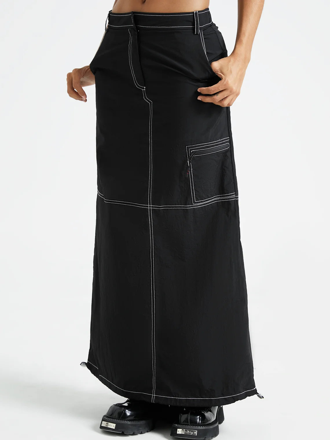 Nylon Plain Cargo Maxi Skirt