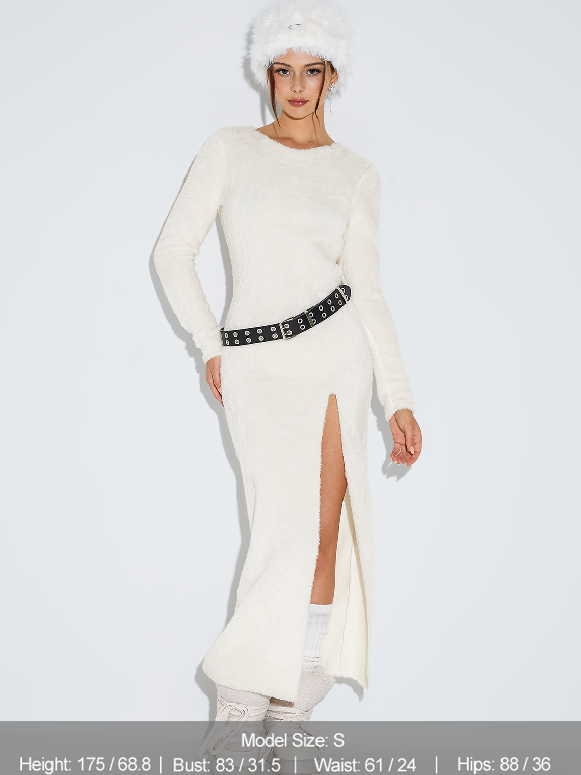 Backless Fuzzy Crew Neck Plain Long Sleeve Maxi Dress