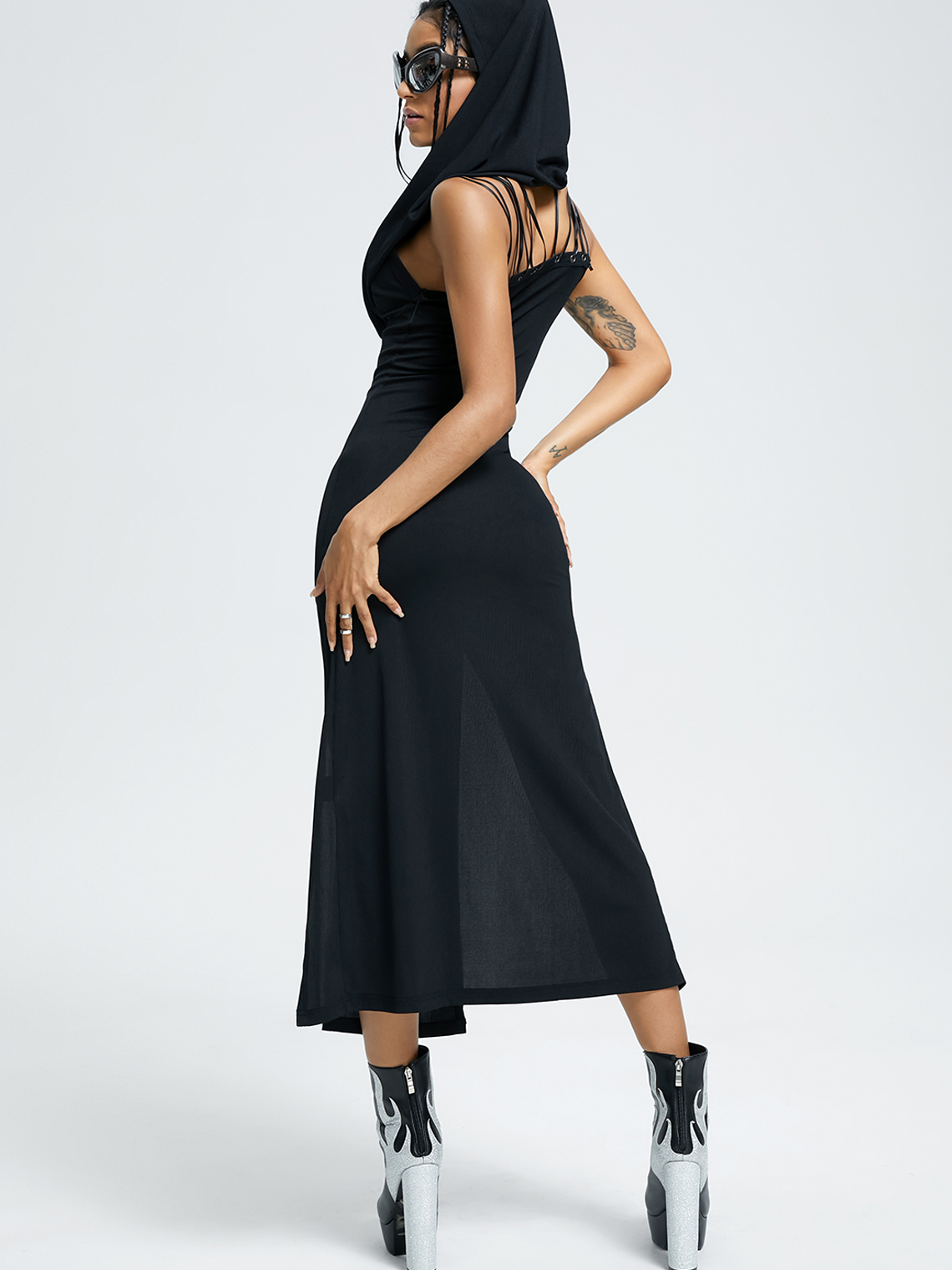 Street Black Side slit Lace up Dress Midi Dress