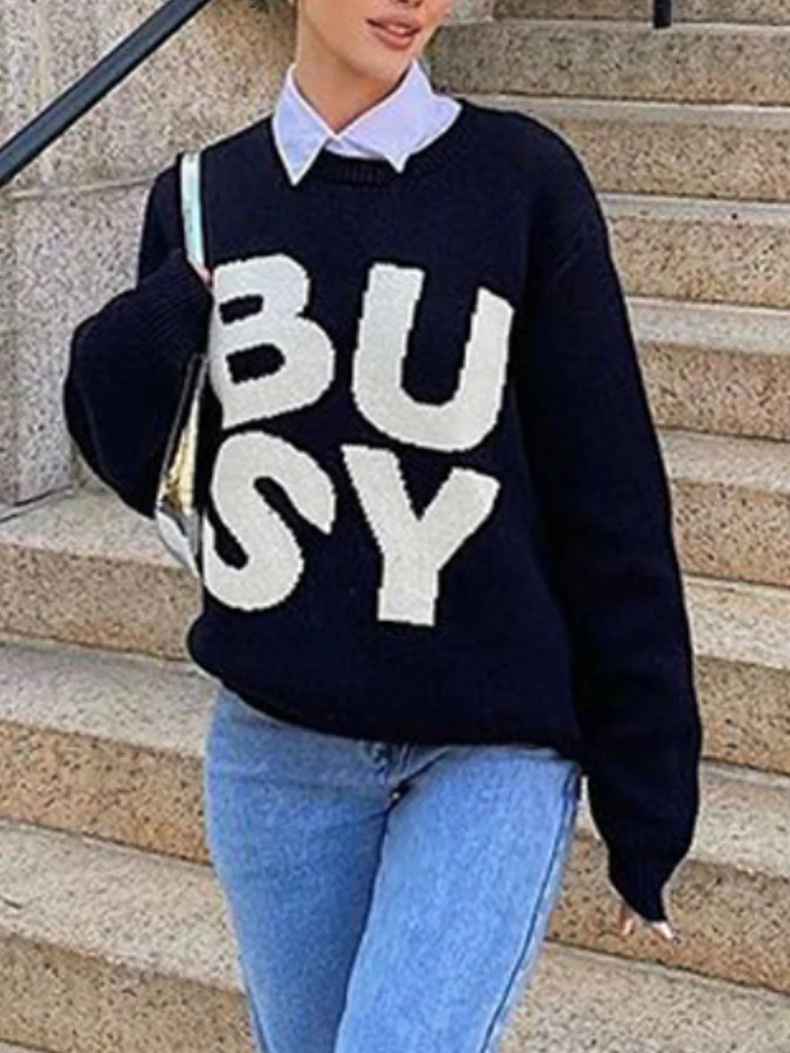 Crew Neck Text Letters Long Sleeve Sweater