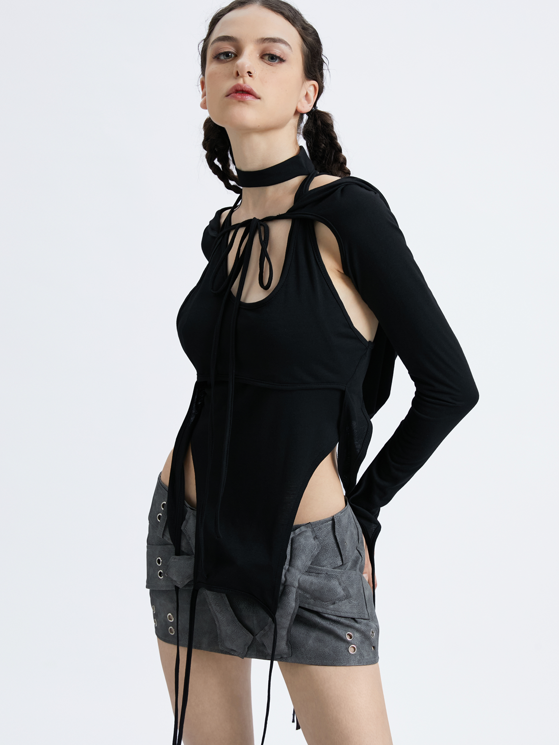 Edgy Black Hooded Double Layer Backless Top Women Top