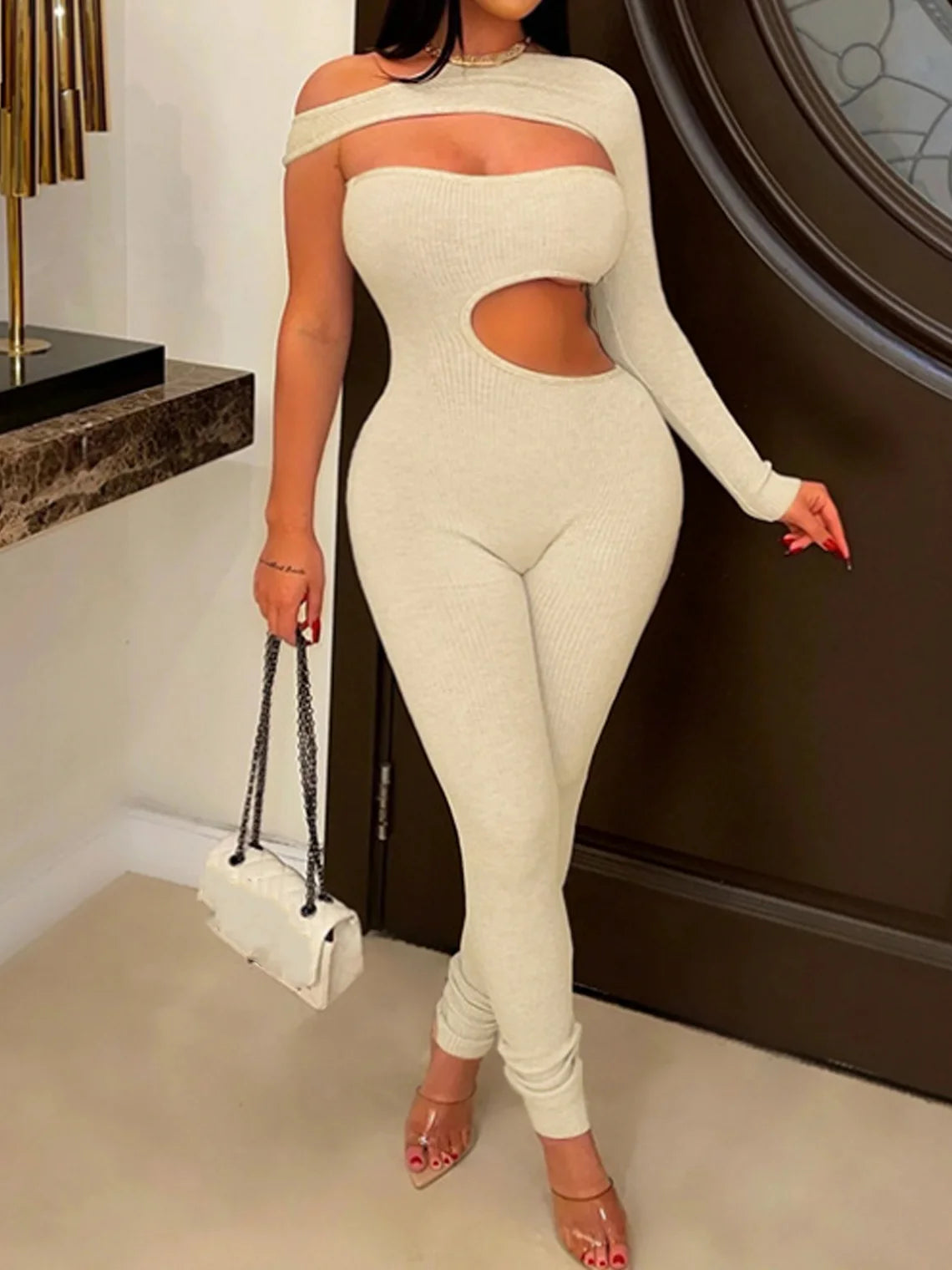 Cut Out One Shoulder Plain Long Sleeve Jumpsuit