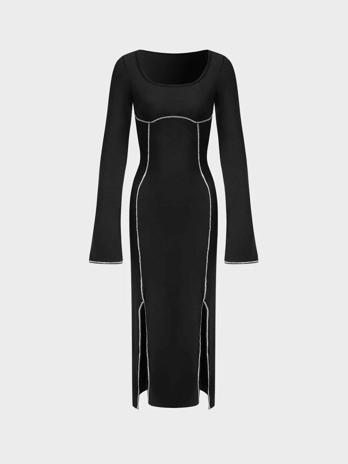 Rhinestone Square Neck Plain Long Sleeve Maxi Dress