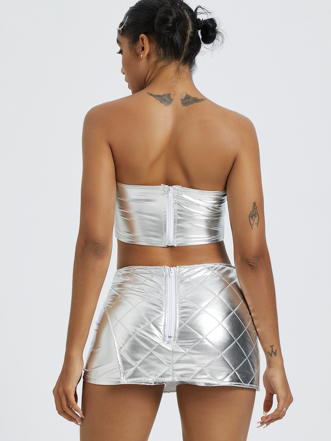 Metallic Sliver Padded Top With Skirt Two-Piece Set