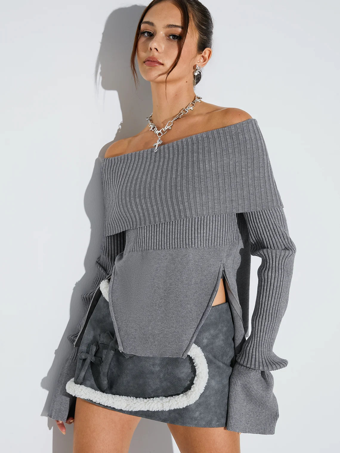 Knitted Boat Neck Plain Long Sleeve T-Shirt