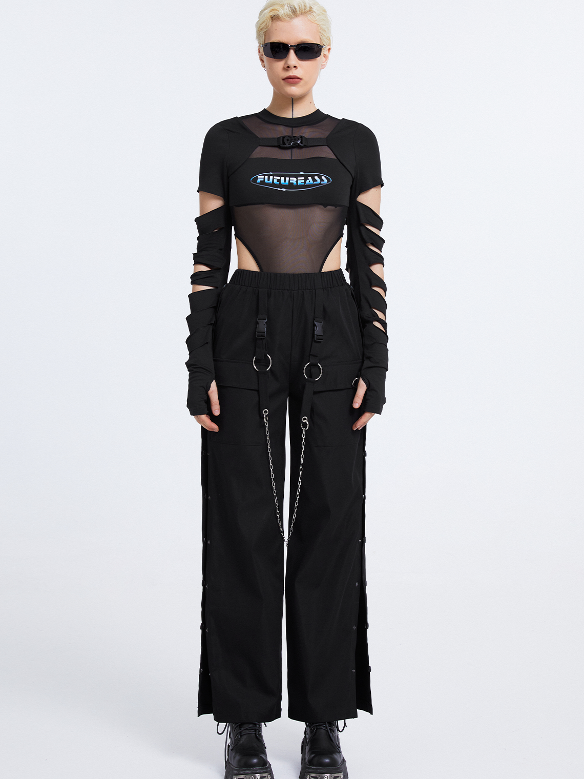 Edgy Black Graphic Patchwork Cut Out Bodysuit