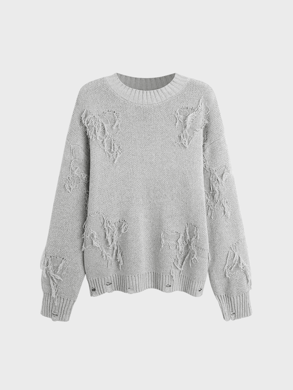 Knitted Raw Edge Crew Neck Cross Long Sleeve Sweater