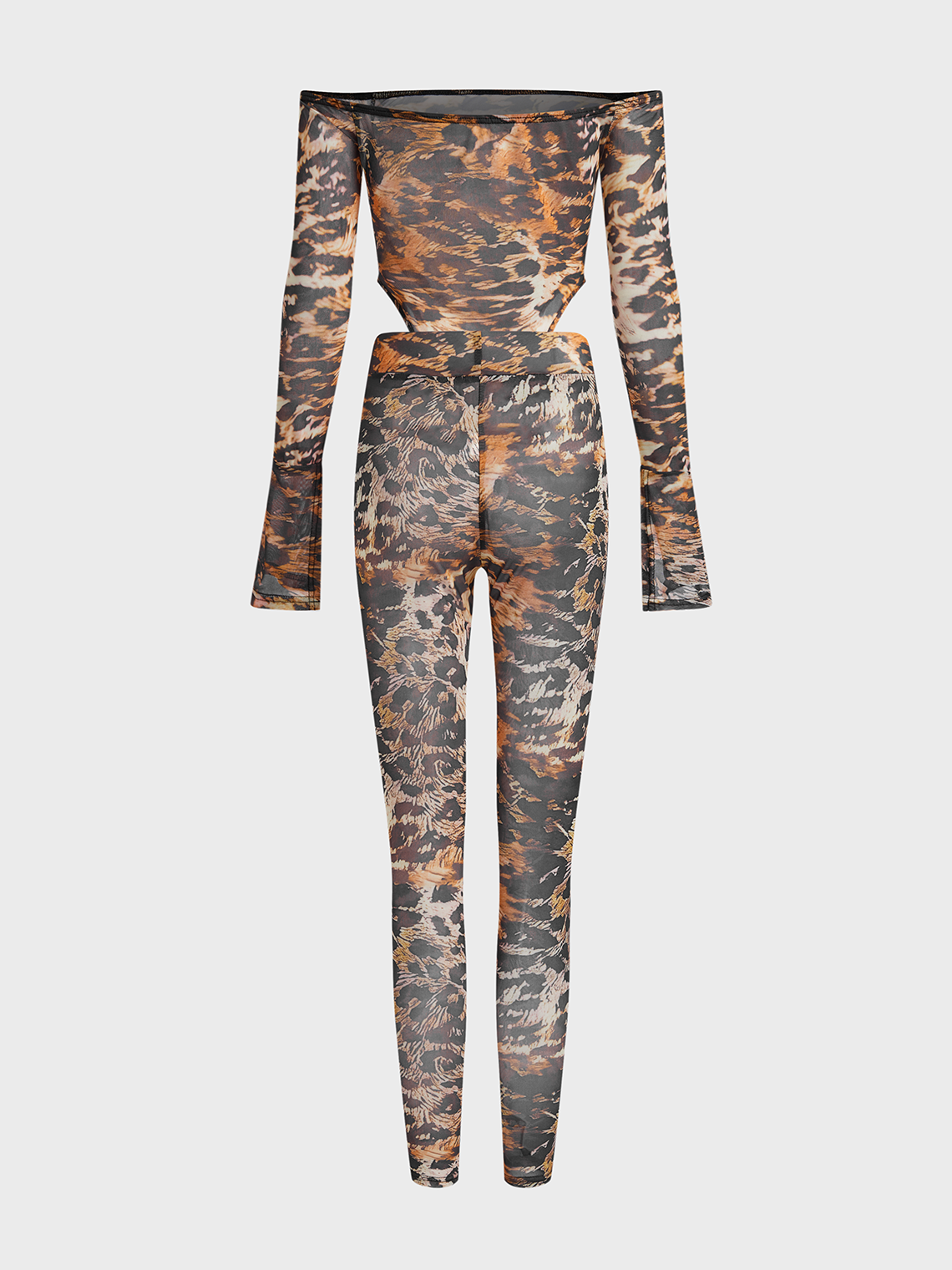 Mesh Animal Print Boat Neck Long Sleeve Top With Pants Two-Piece Set