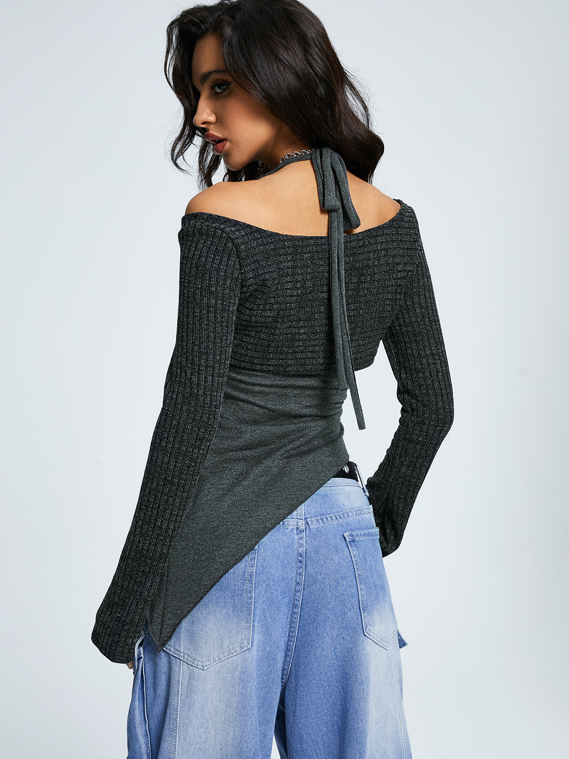 Two Pieces Asymmetrical Halter Color Block Long Sleeve Shirt