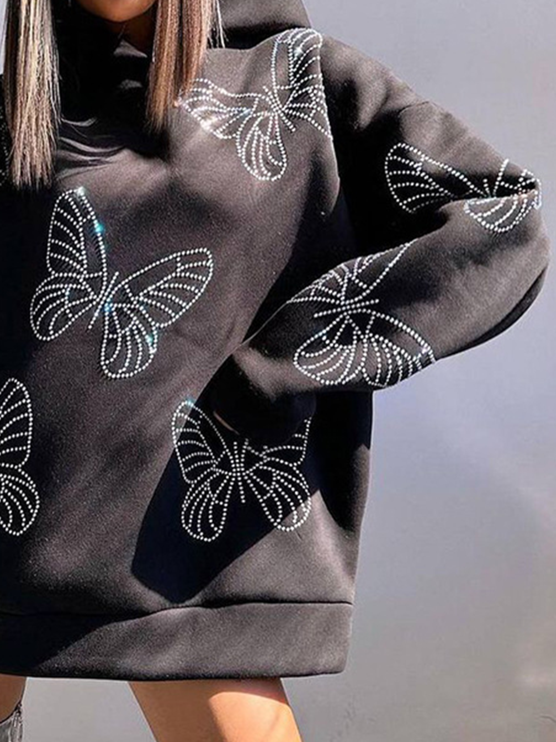 Hotfix Rhinestone Butterfly Long Sleeve Hoodie