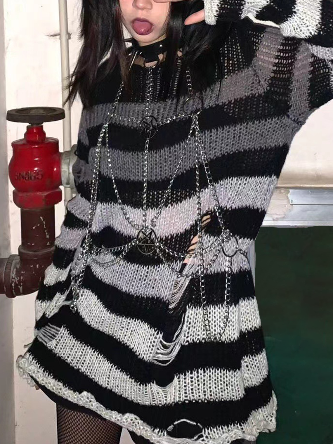 Hollow Out Crew Neck Striped Long Sleeve Short Sweater Dress