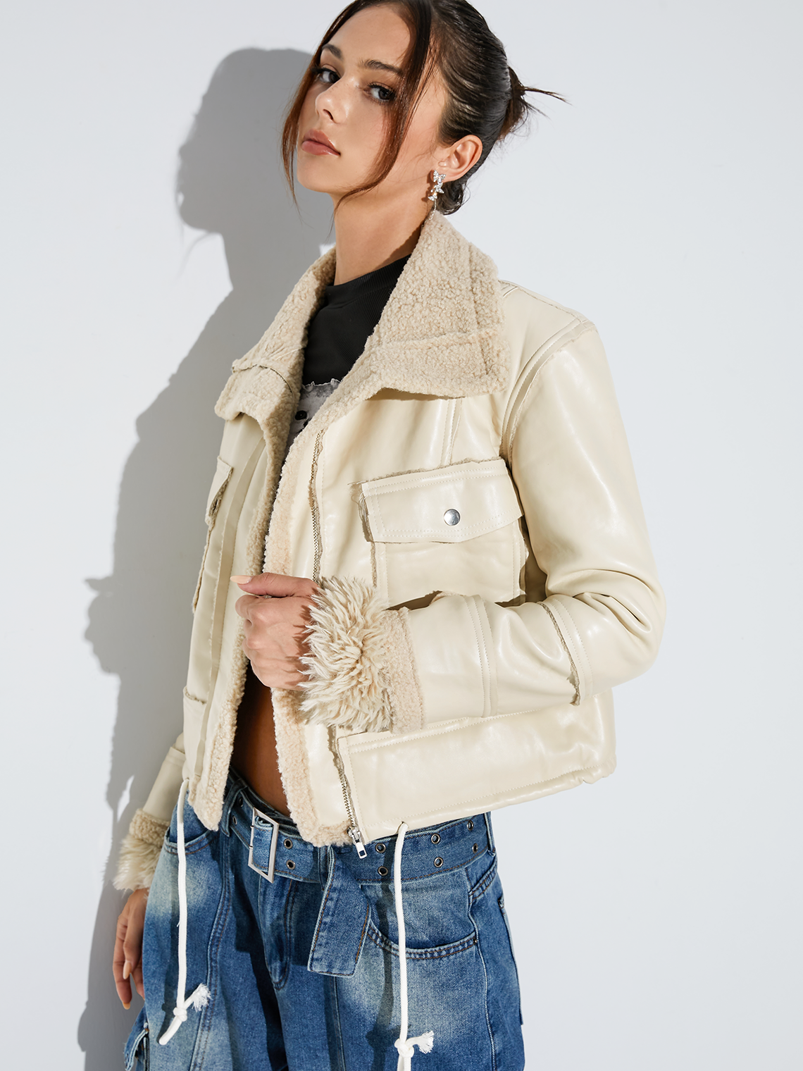 PU Plain Pocket Shawl Collar Biker Jacket