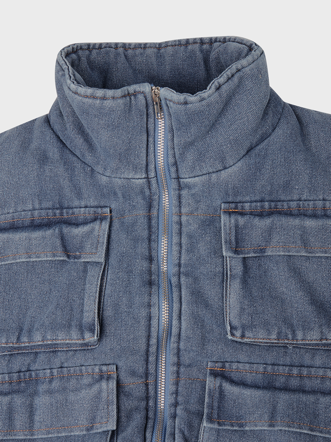 Denim Stand Collar Pocket Plain Long Sleeve Jacket