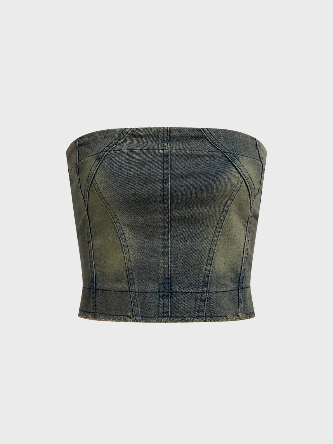 Denim Wrinkled Strapless Plain Tank Top