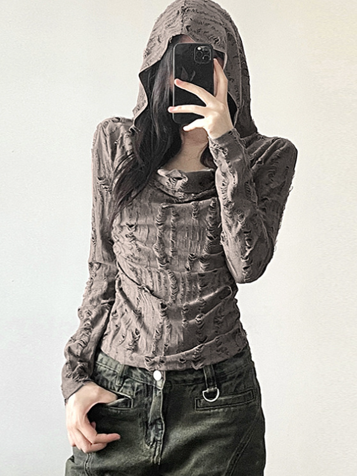 Texture Fabric Ripped Hooded Plain Long Sleeve Top