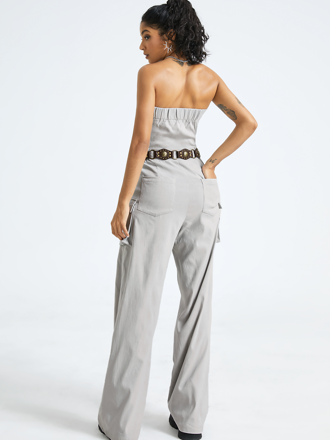 Pockets Strapless Plain Tube Cargo Jumpsuit