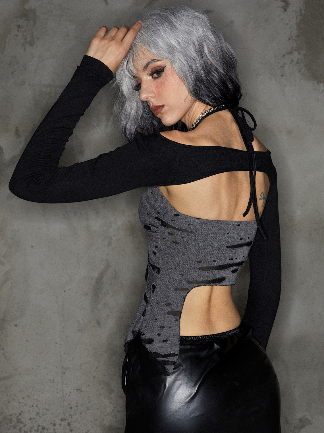 Punk Gray Asymmetrical Design Lace Up Wrinkled Halloween Top Women Top