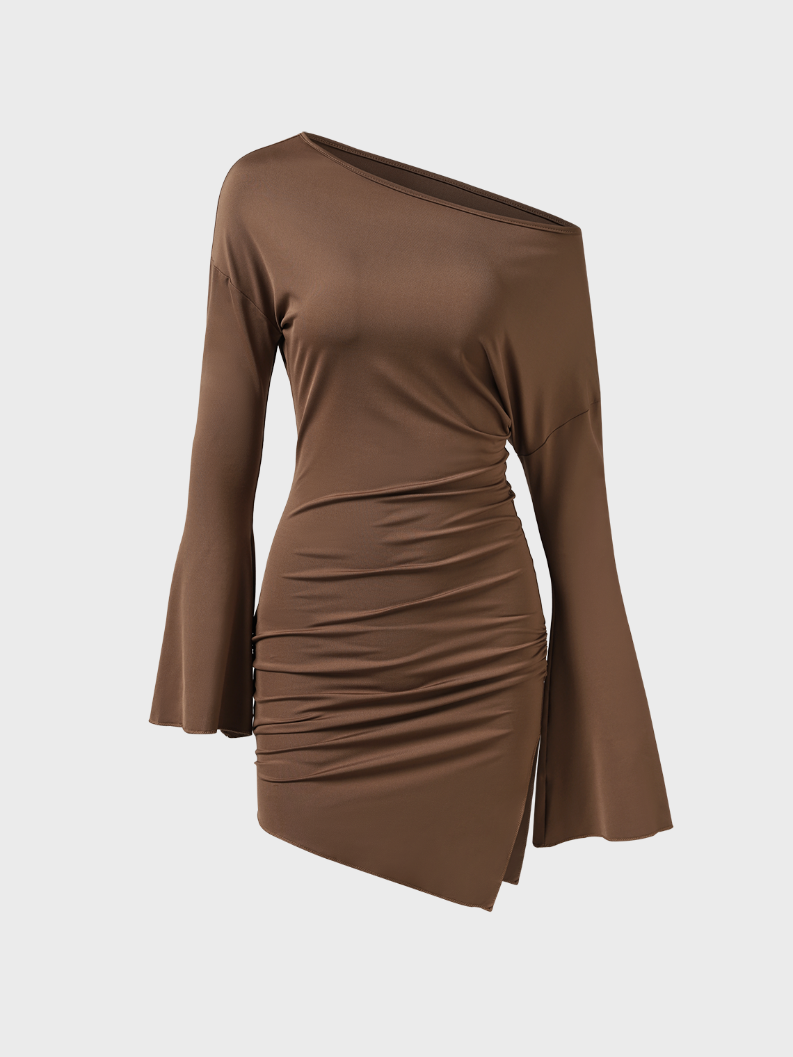 Side Slit Boat Neck Plain Long Sleeve Short Dress