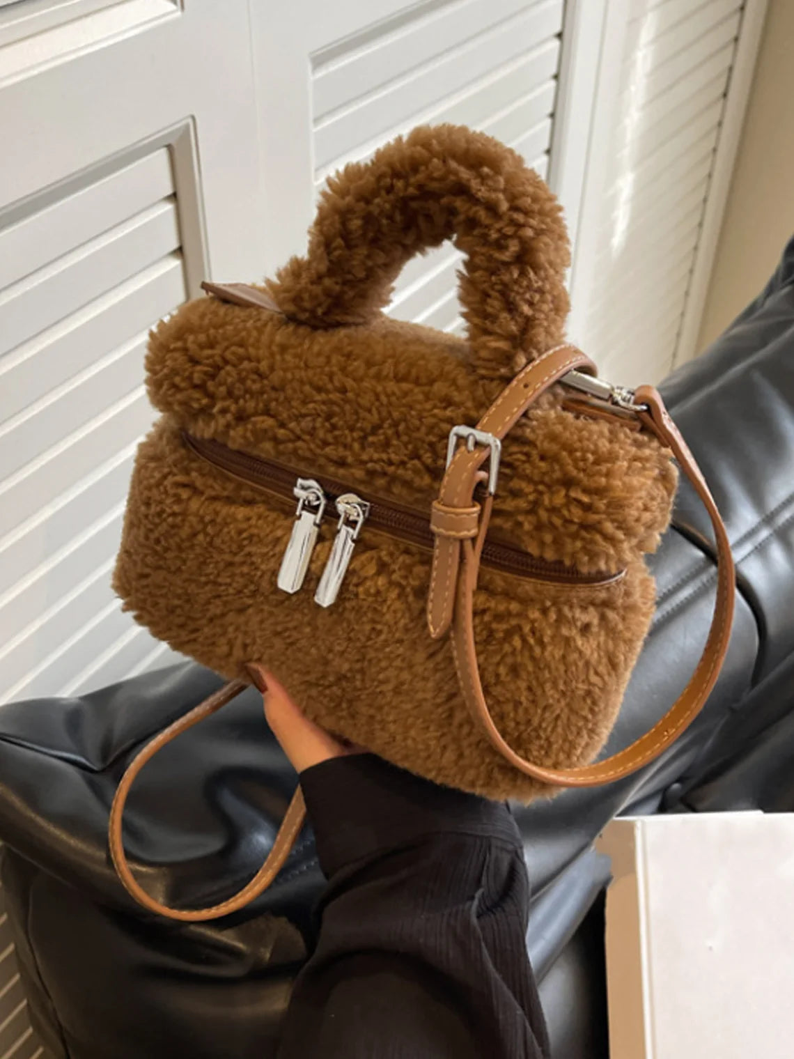 Artificial Fur Plain Shoulder Bag